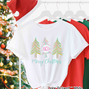 Monogrammed Pastel Merry Christmas Trees Tee