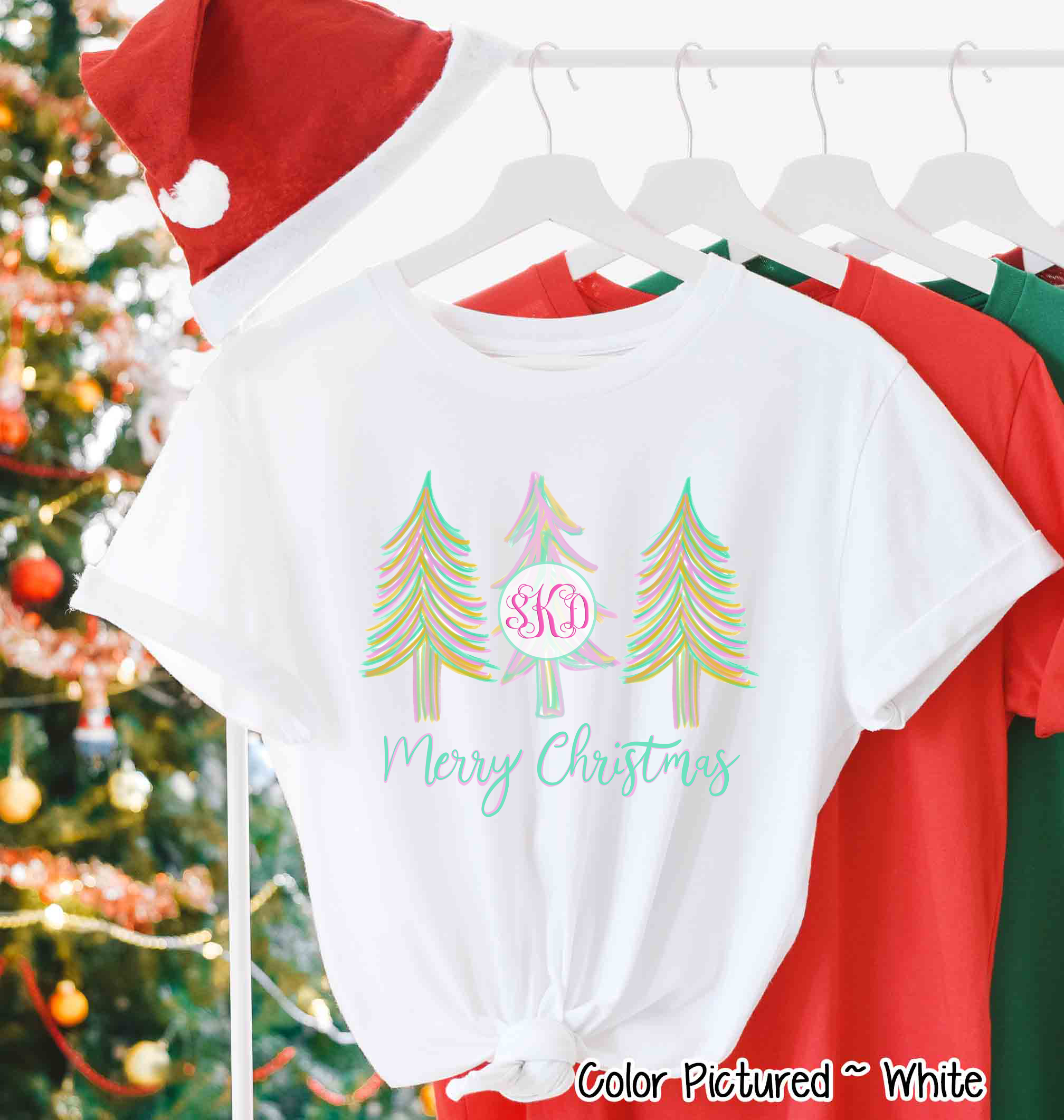 Monogrammed Pastel Merry Christmas Trees Tee