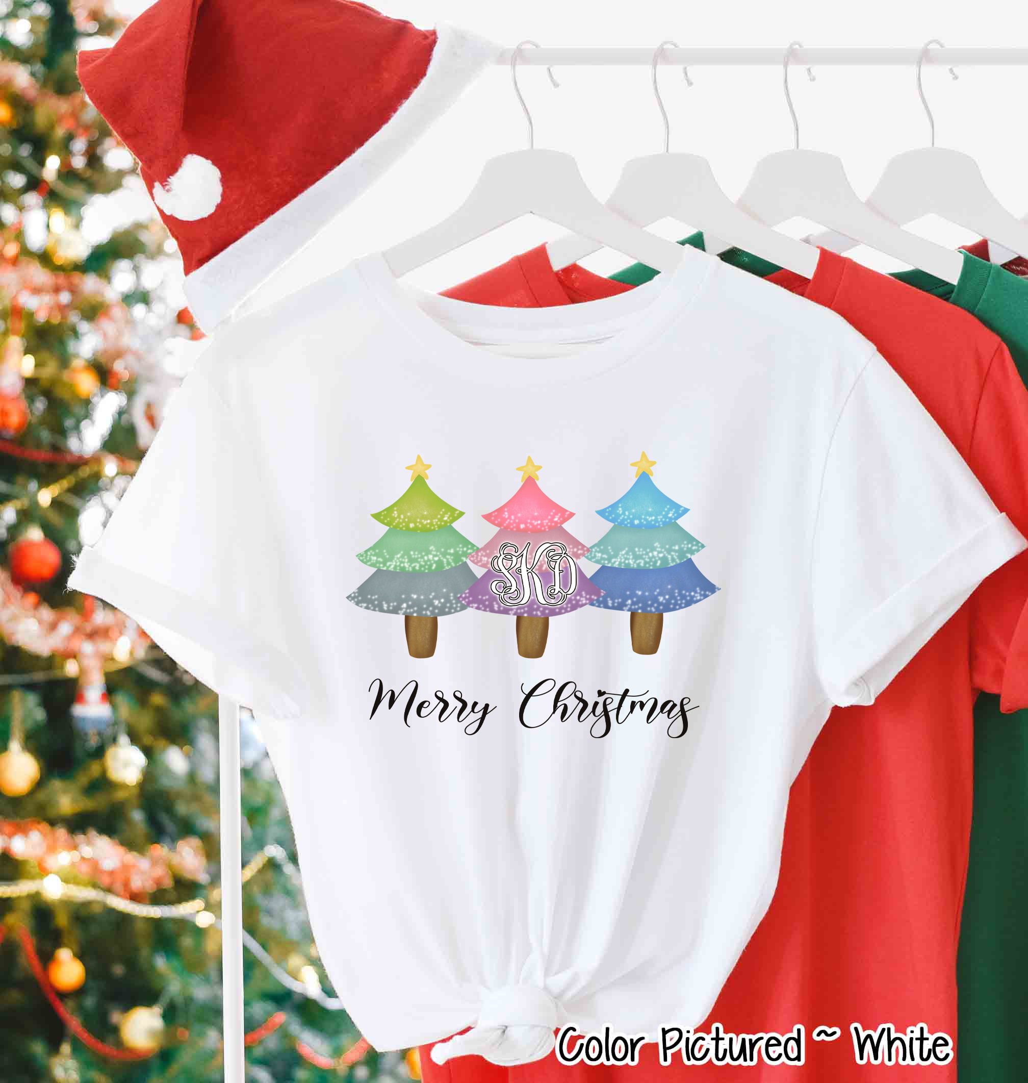 Monogrammed Merry Christmas Trees Trio Tee