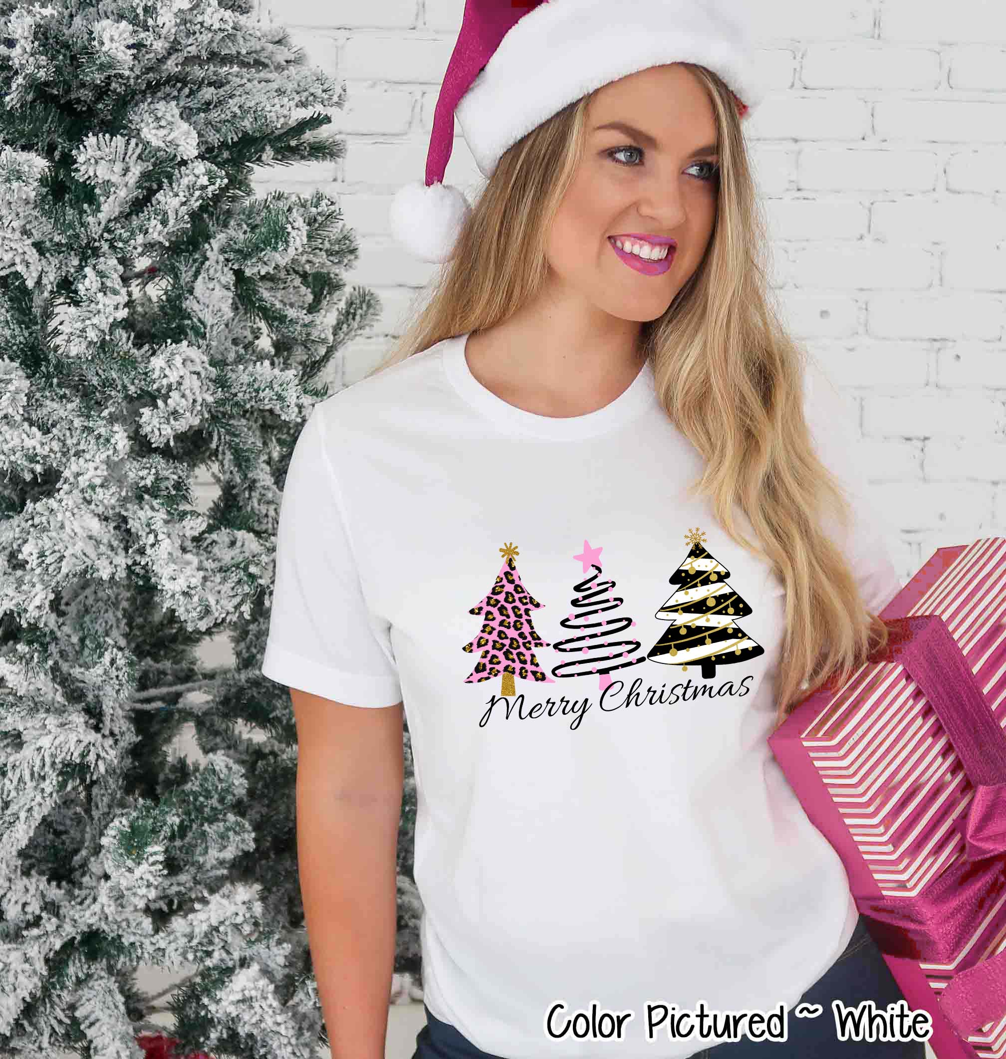 Modern Pink Black Gold Leopard Merry Christmas Tree Tee