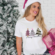 Modern Pink Black Gold Leopard Merry Christmas Tree Tee