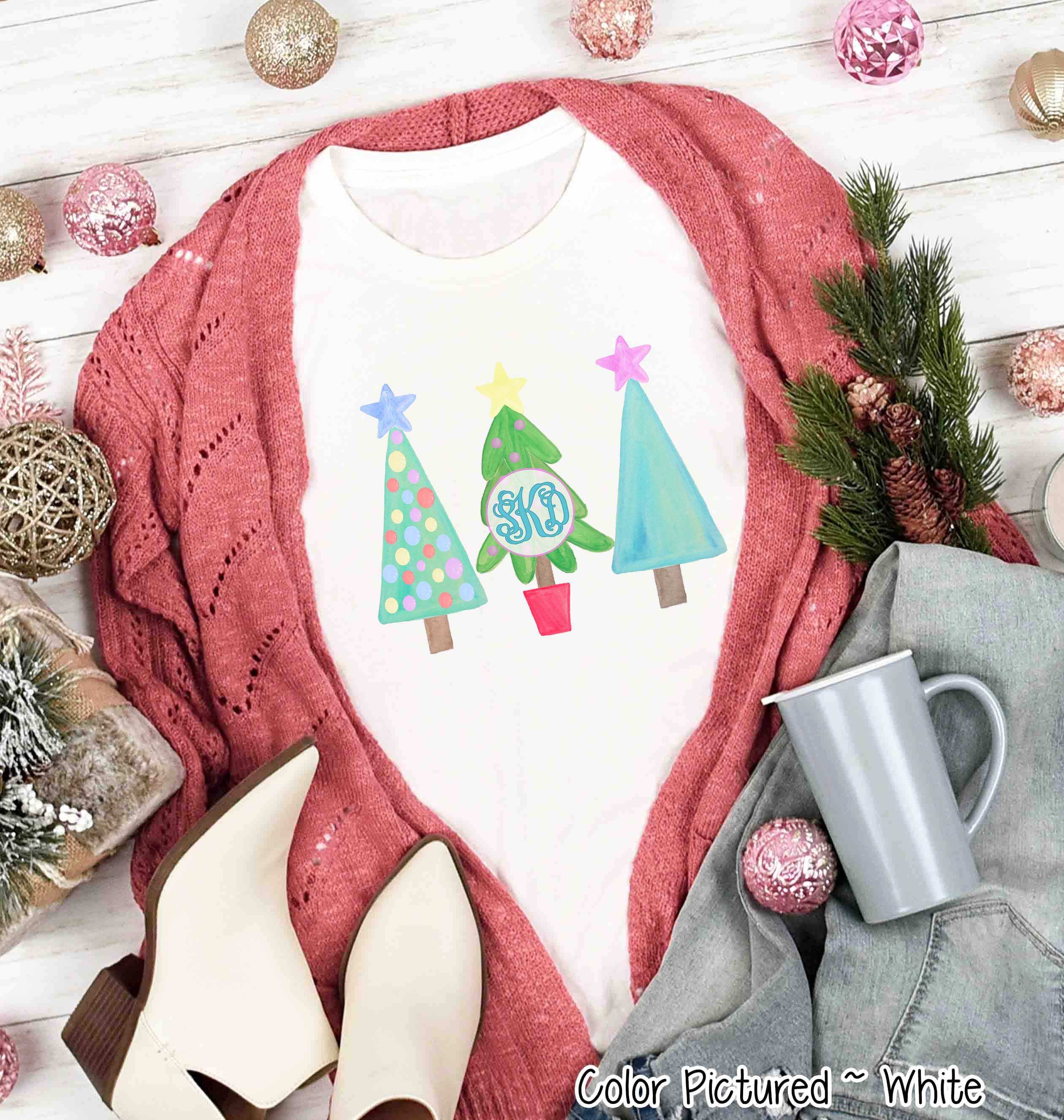 Monogrammed Pastel Christmas Tree Trio Tee