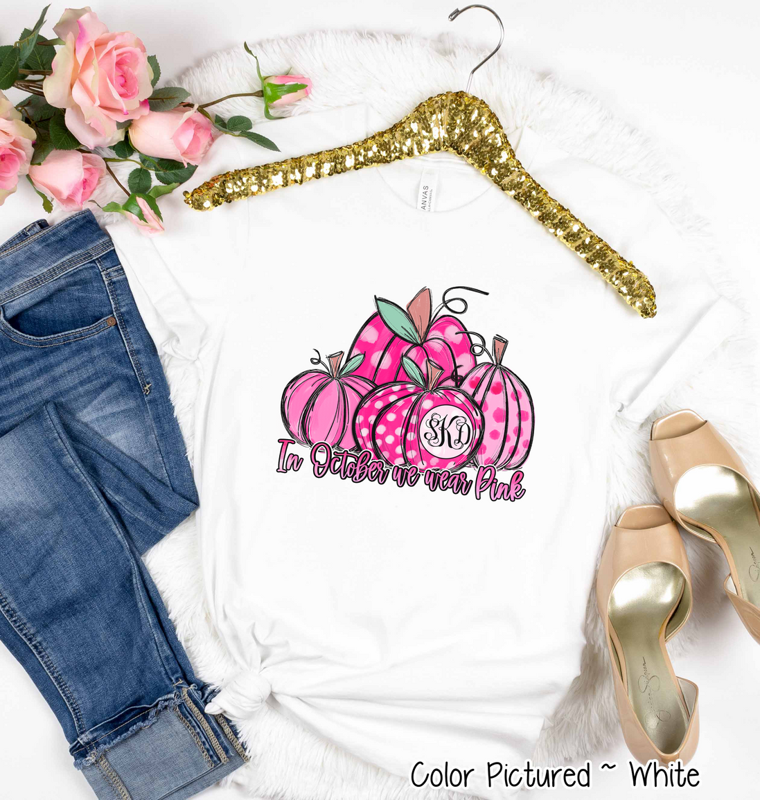 Pink Monogrammed Pumpkins ~ In October We Wear Pink ~ Breast Cancer Awareness Tee