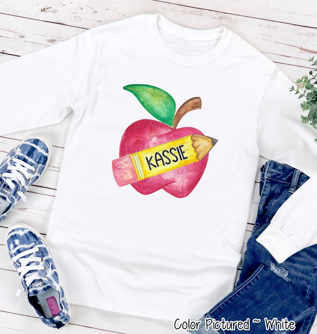 Personalized Watercolor Apple & Pencil Tee