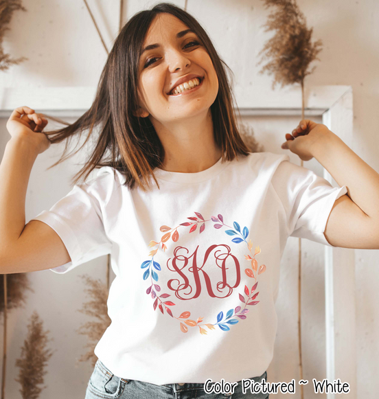 Monogram Watercolor Fall Leaf Wreath Tee