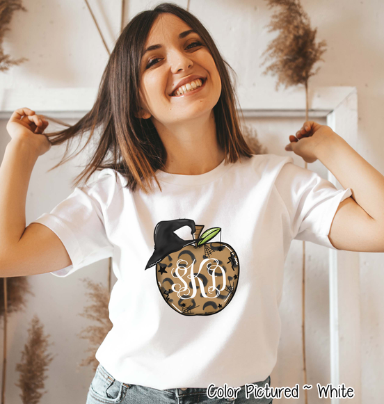 Monogramed Leopard Apple Halloween Teacher Tee