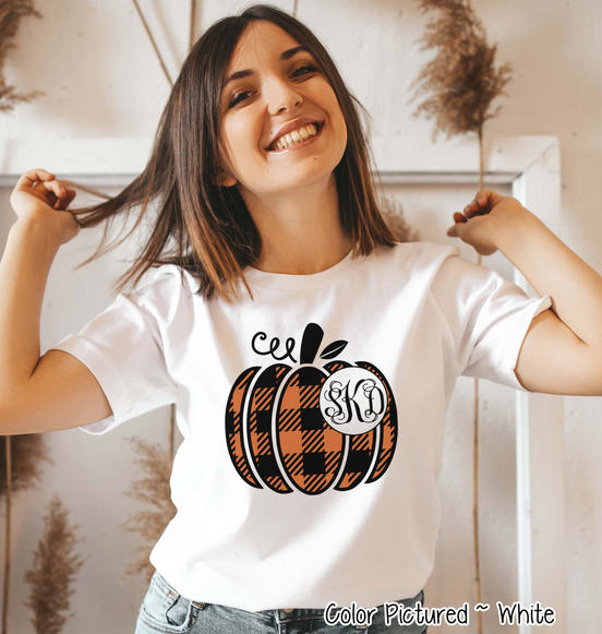 Orange & Black Plaid Monogram Pumpkin Tee