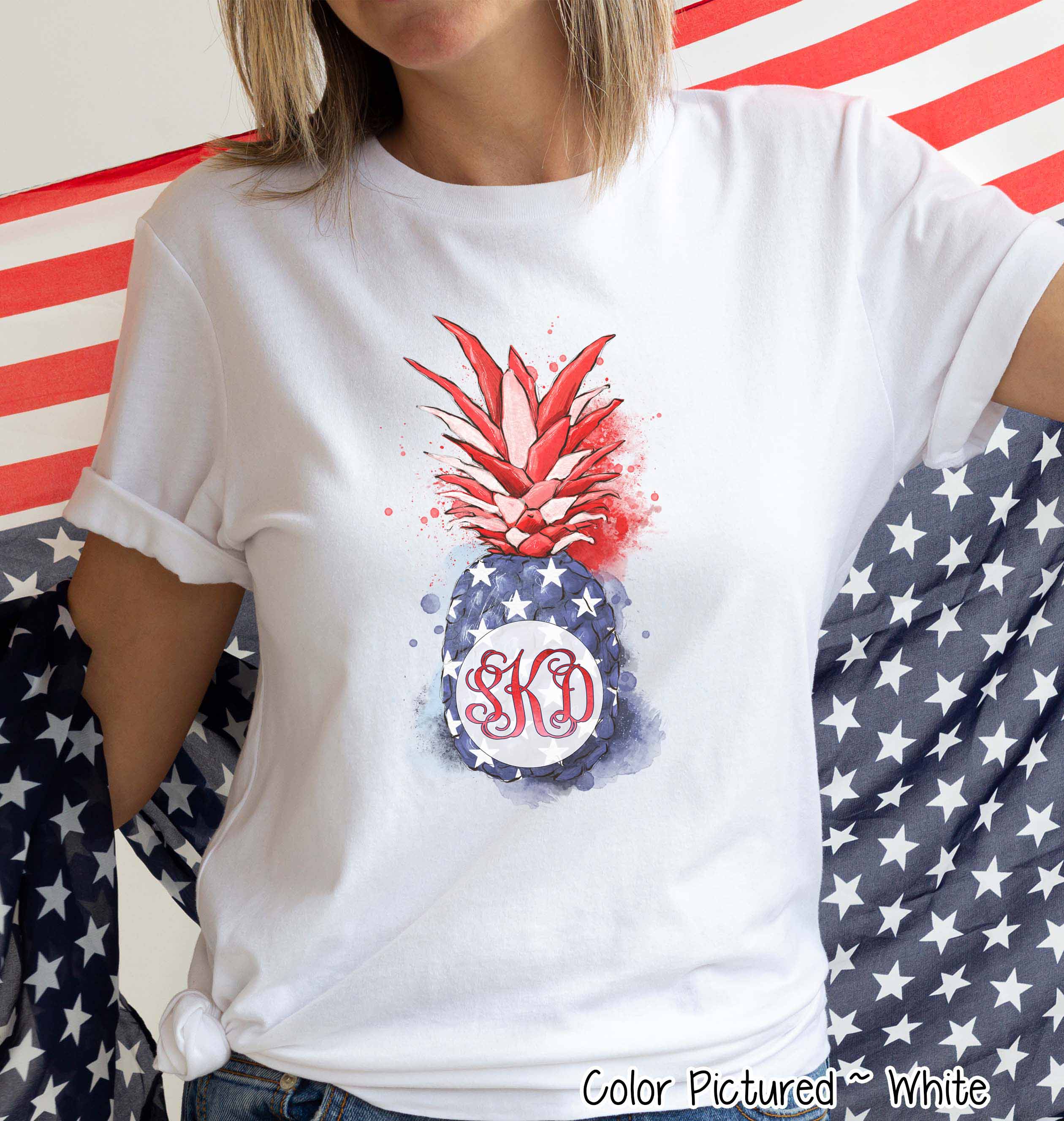 Patriotic Watercolor Pinapple Monogram Tee