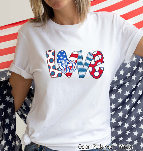 Patriotic LOVE with Flag Heart Monogram Tee