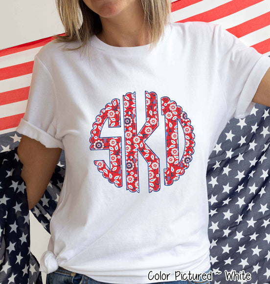 Big Monogram Patriotic Scallop Floral Tee