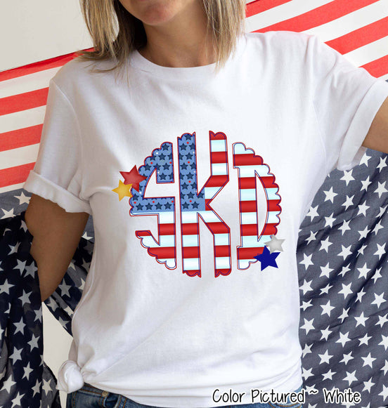 Big Monogram Scallop Patriotic  American Flag Tee