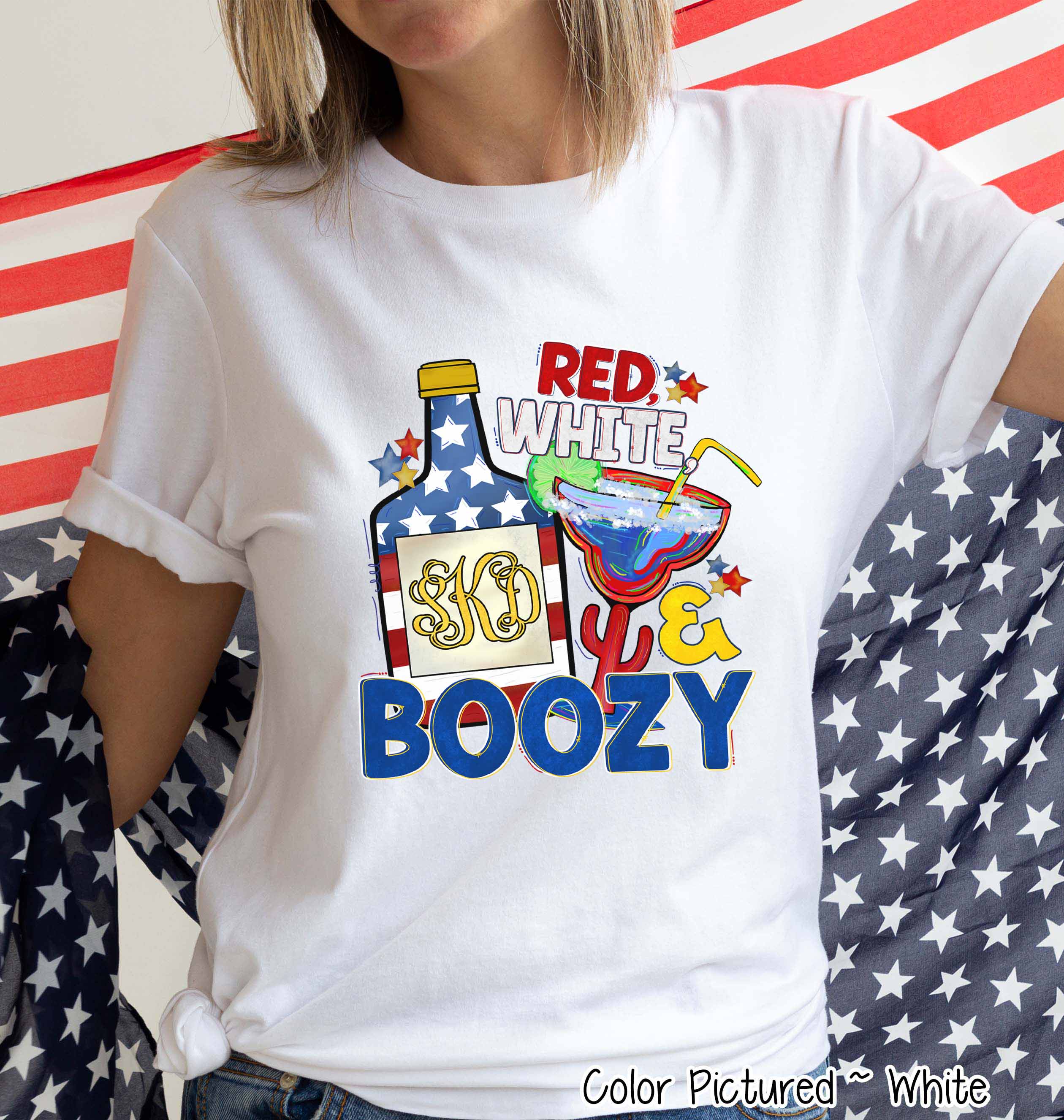 Red White and Boozy Monogram Funny Tee