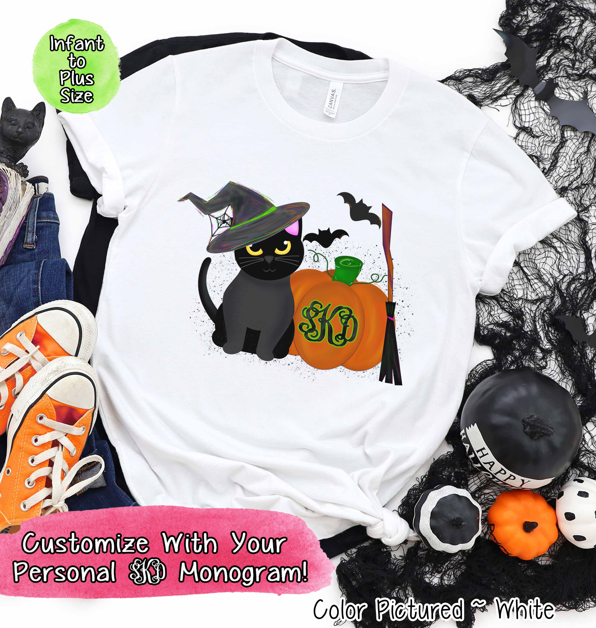 Monogram Black Cat & Pumpkin Halloween Tee