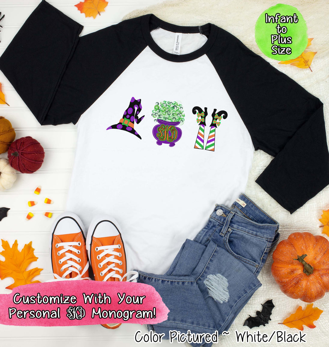 Monogram Witch Icons Halloween Raglan Tee