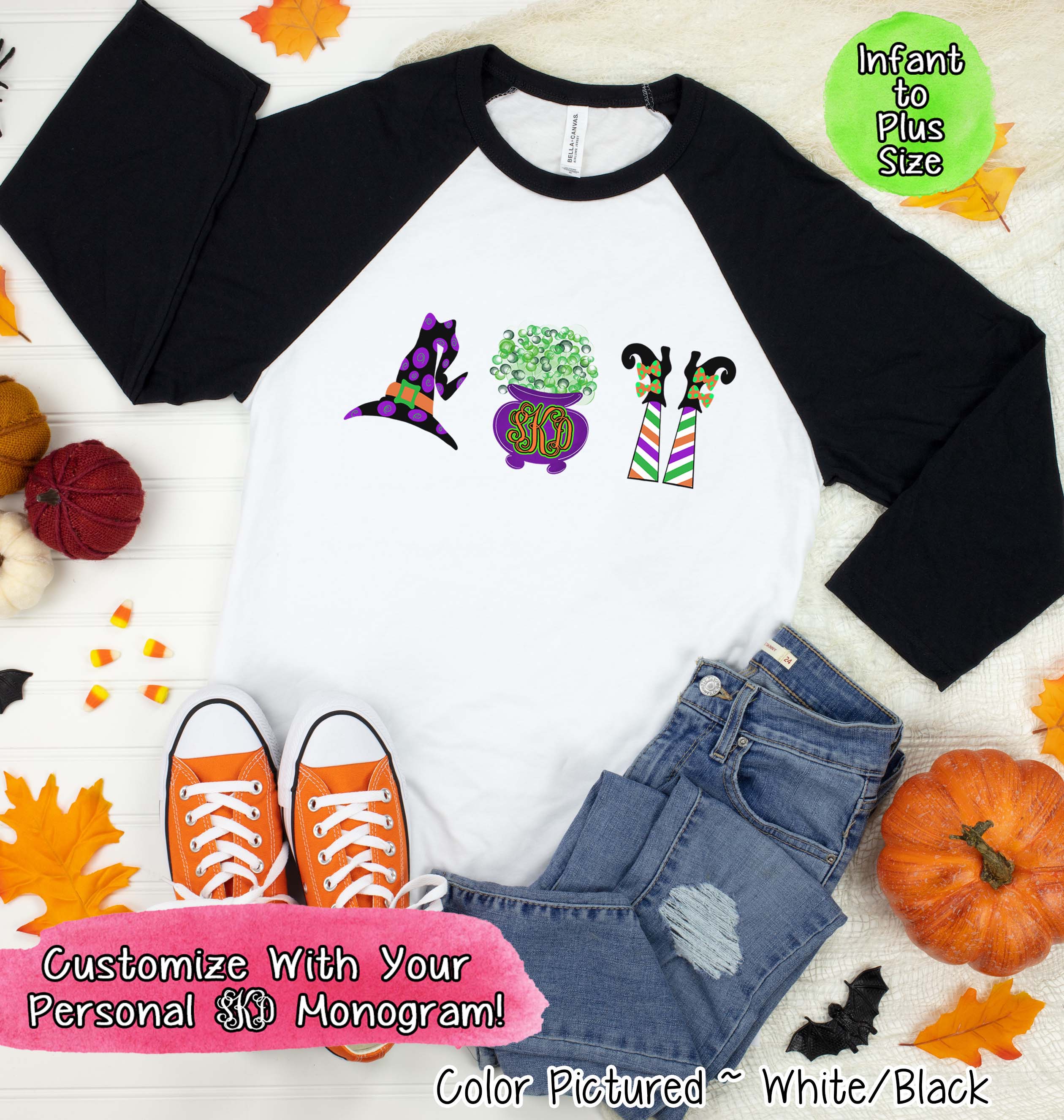 Monogram Witch Icons Halloween Raglan Tee