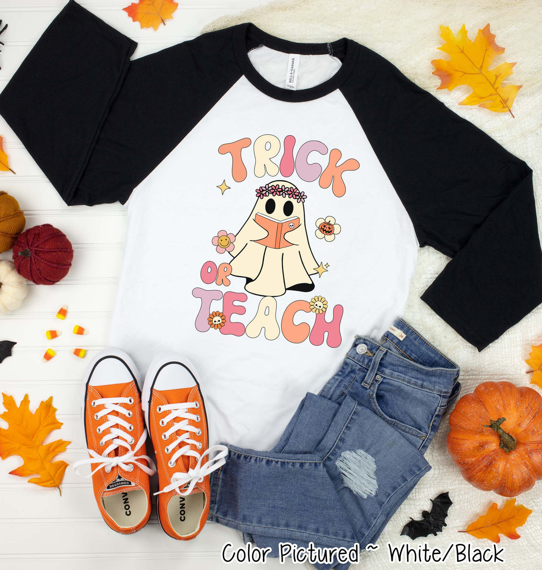 Trick or Teach Teacher Halloween Raglan Tee