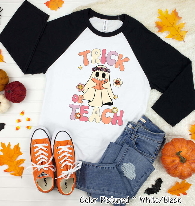 Trick or Teach Teacher Halloween Raglan Tee