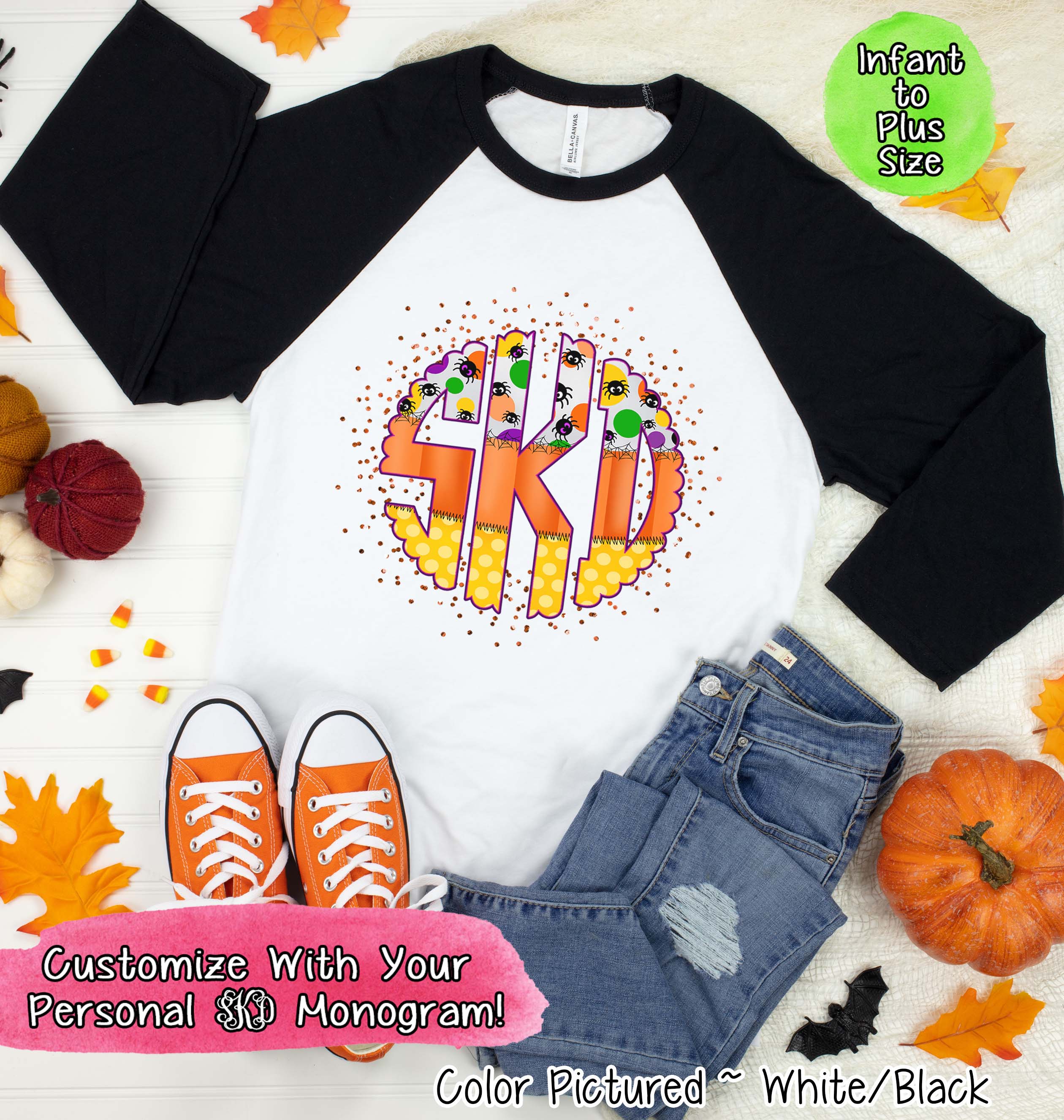 Big Monogram Candy Corn Halloween Raglan Tee