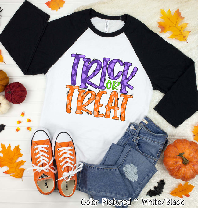 Trick or Treat Doodle Letter Halloween Raglan Tee