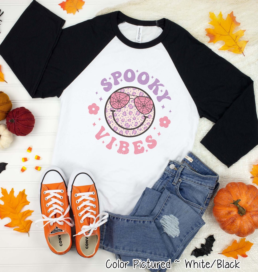 Retro Spooky Vibes Smile Halloween Raglan Tee