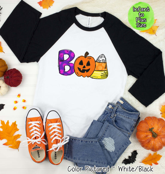 Boo Pumpkin Doodle Halloween Raglan Tee