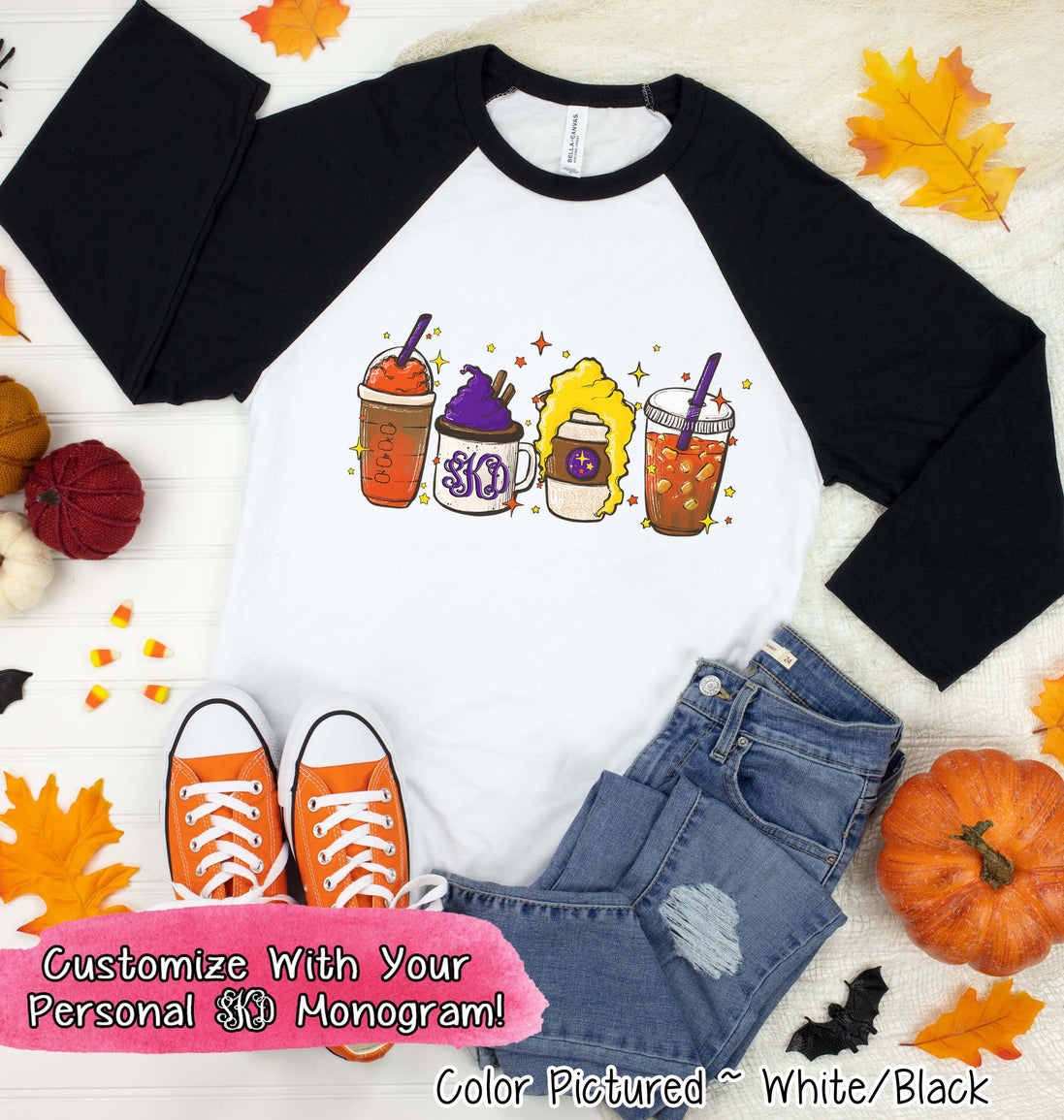 Monogram Hocus Pocus Coffee Latte Halloween Raglan Tee