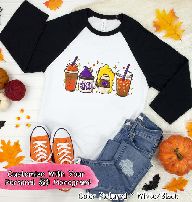 Monogram Hocus Pocus Coffee Latte Halloween Raglan Tee