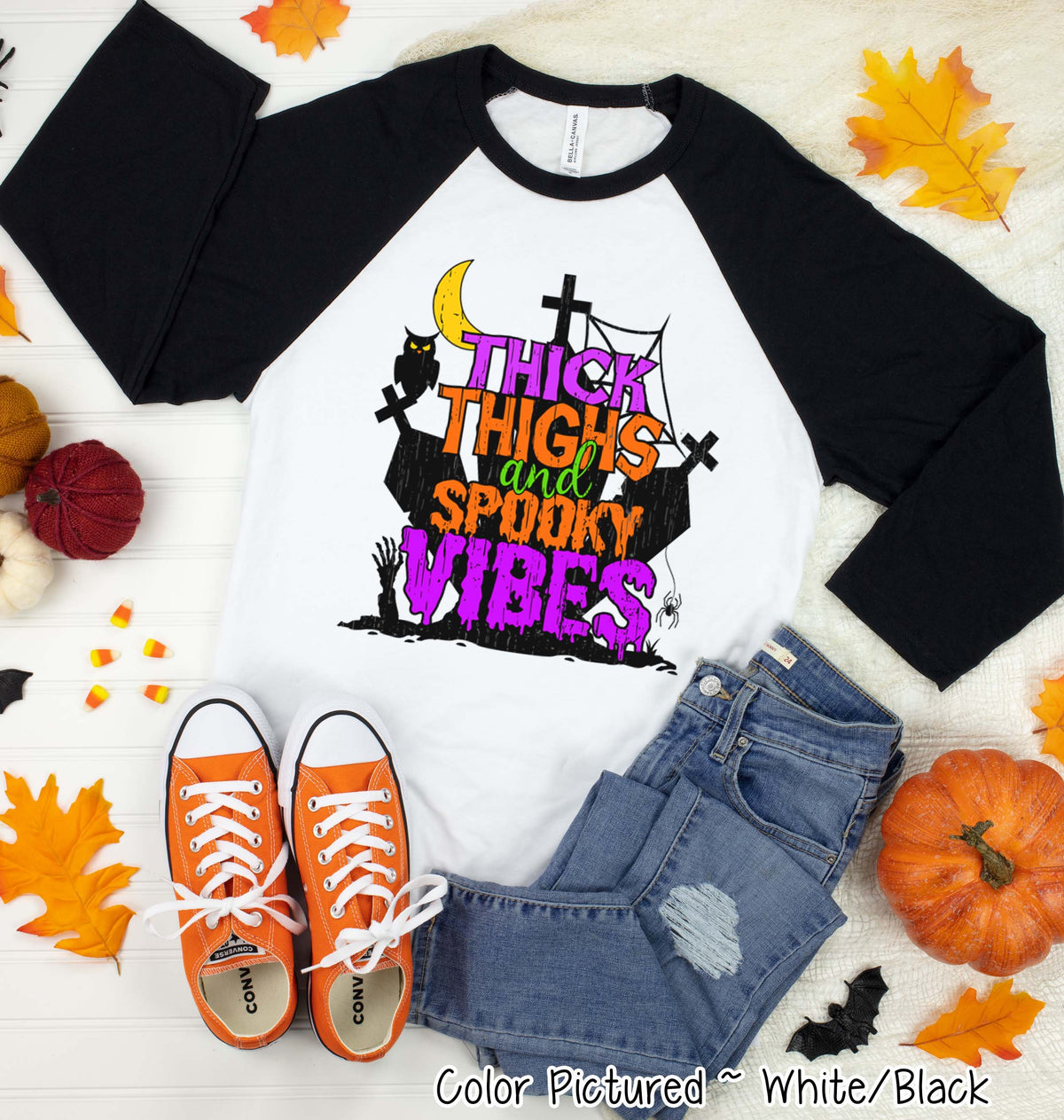 Thick Thighs and Spooky Vibes Halloween Raglan Tee