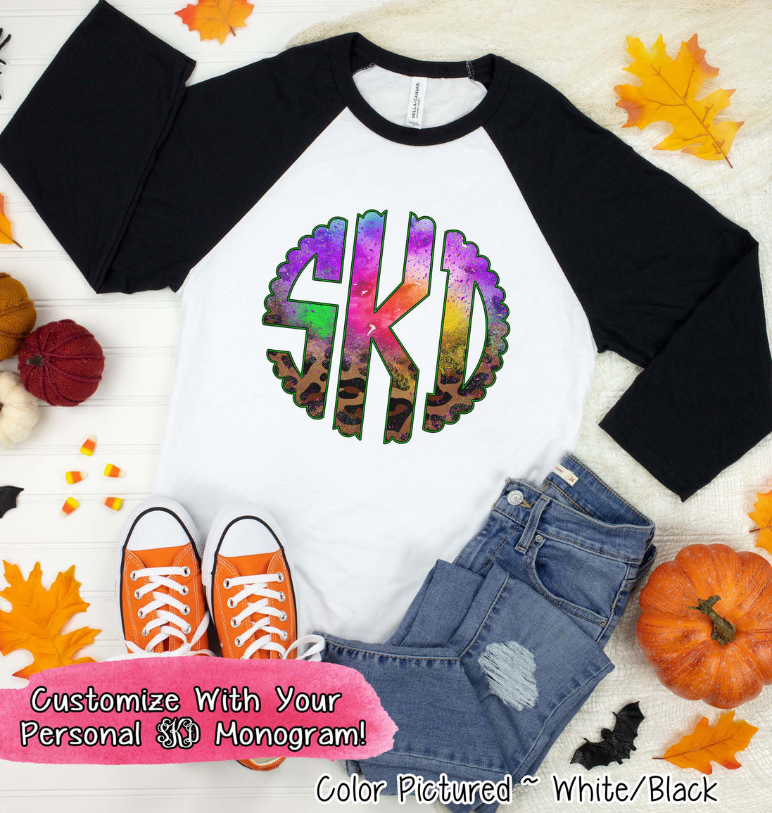 Big Monogram Watercolor & Leopard Halloween Raglan Tee