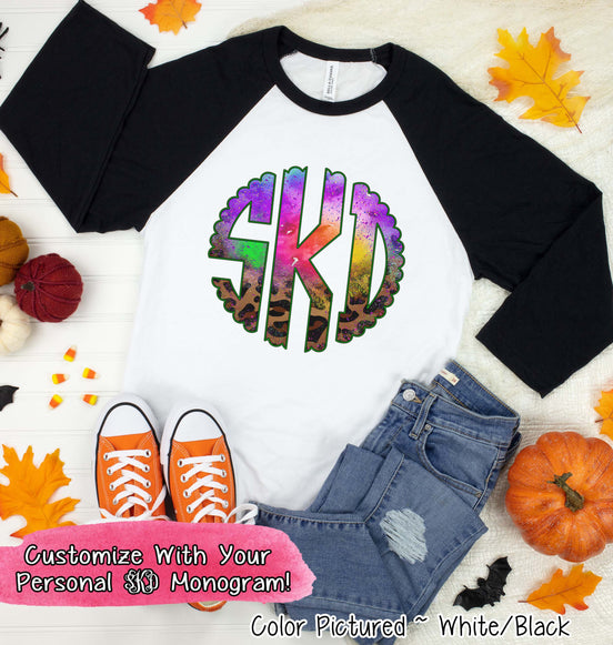 Big Monogram Watercolor & Leopard Halloween Raglan Tee