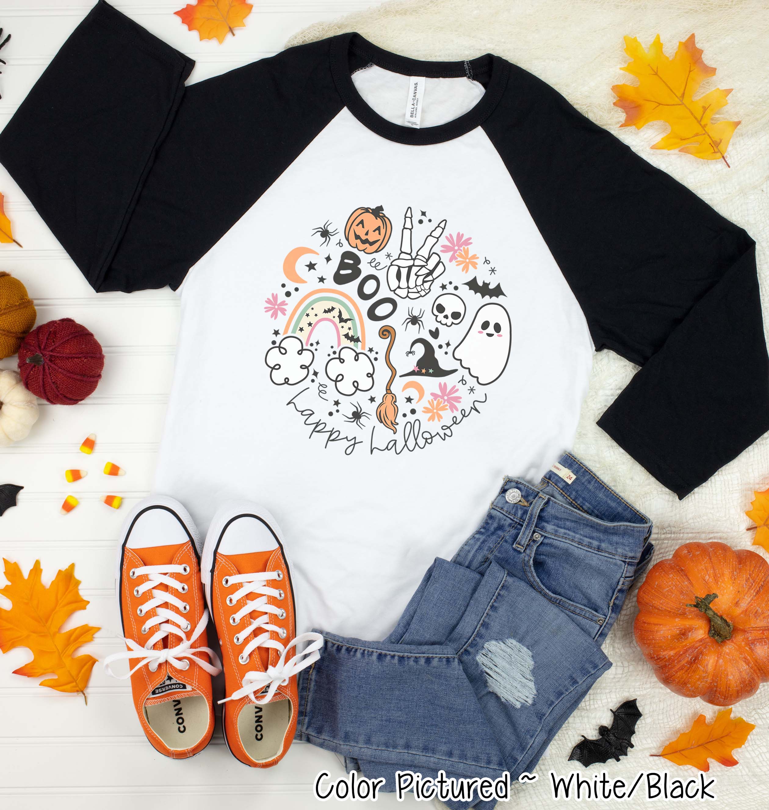 Happy Halloween Icon Circle Halloween Raglan Tee