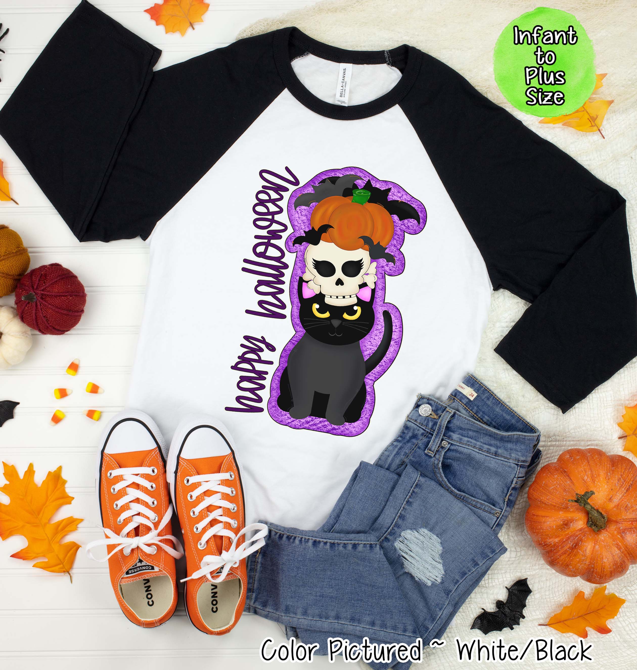 Happy Halloween Cat Pumpkin Halloween Raglan Tee