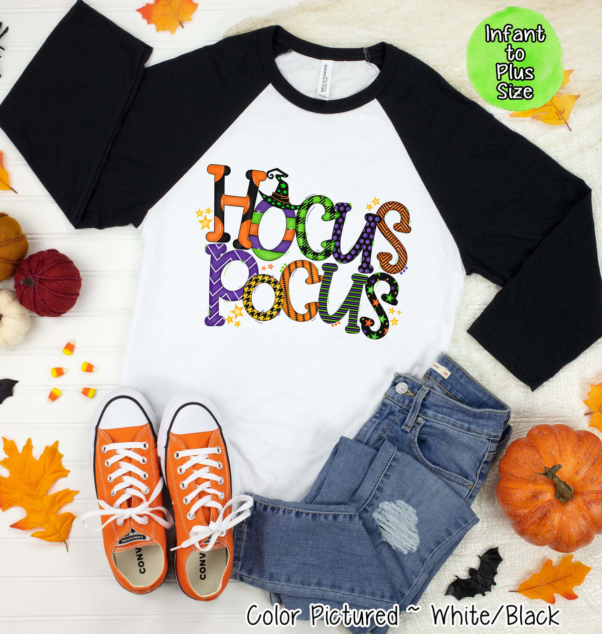 Hocus Pocus Doodle Letter Halloween Raglan Tee