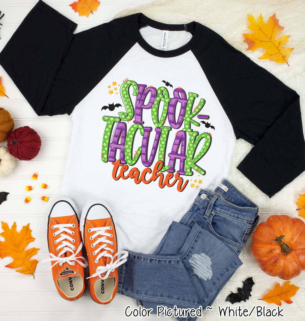 Spooktacular Teacher Doodle Letters Halloween Raglan Tee