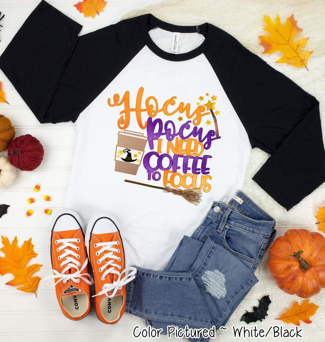 Hocus Pocus I need Coffee To Focus Halloween Raglan Tee
