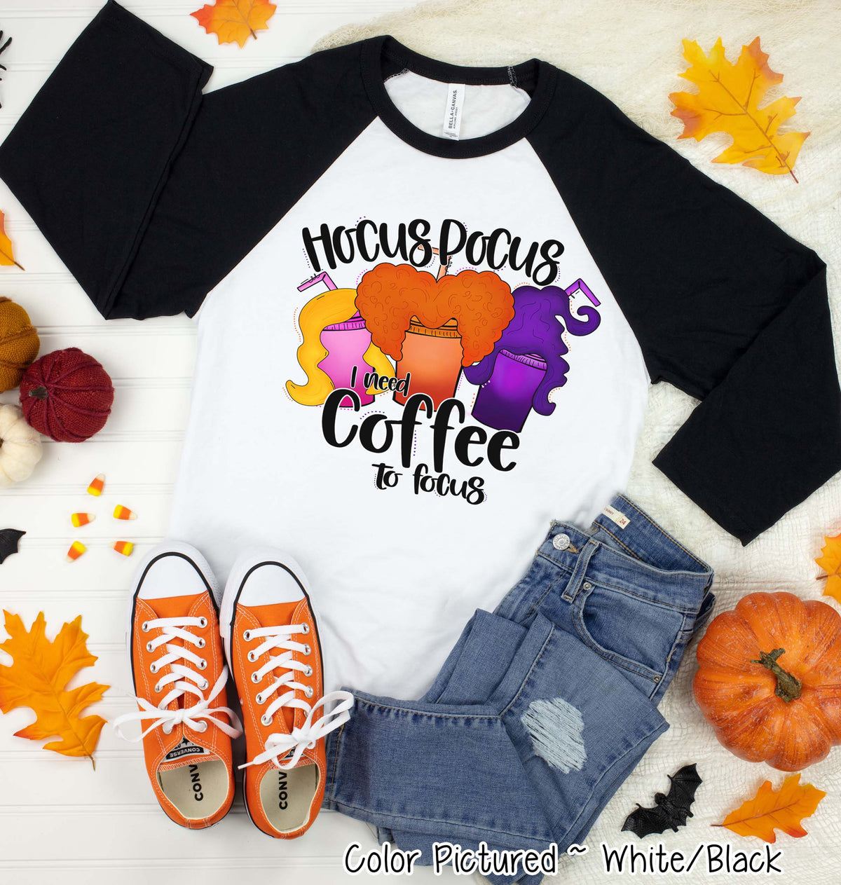Hocus Pocus I Need Coffee to Focus Funny Halloween Raglan Tee