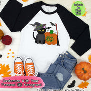 Monogram Black Cat & Pumpkin Halloween Raglan Tee
