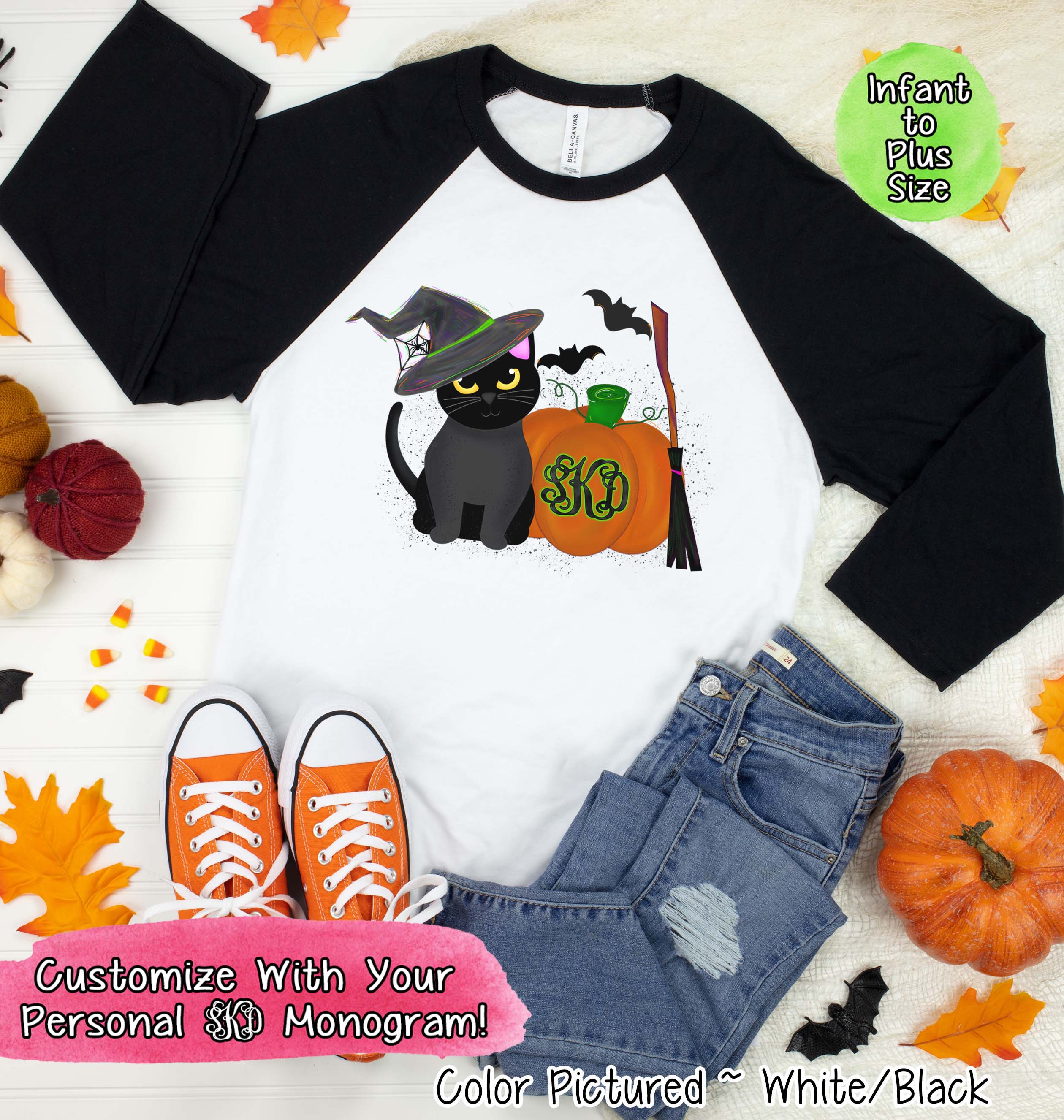 Monogram Black Cat & Pumpkin Halloween Raglan Tee