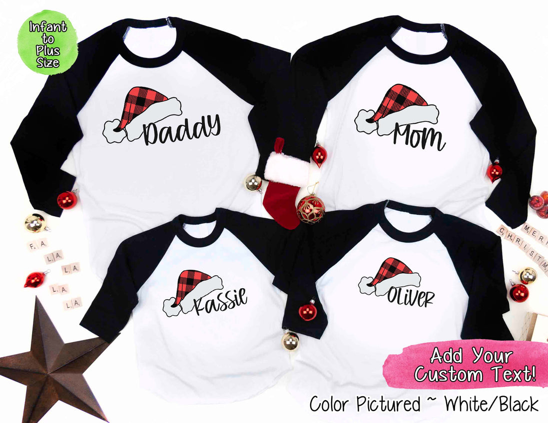 Personalized Family Matching Group Buffalo Plaid Santa Hat Raglan Tee