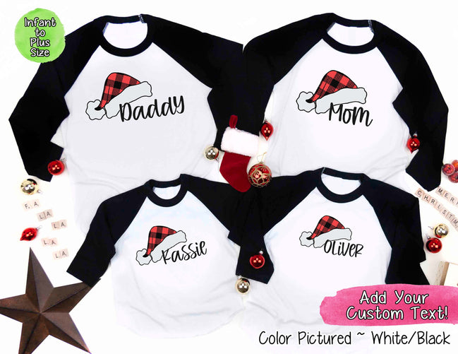 Personalized Family Matching Group Buffalo Plaid Santa Hat Raglan Tee