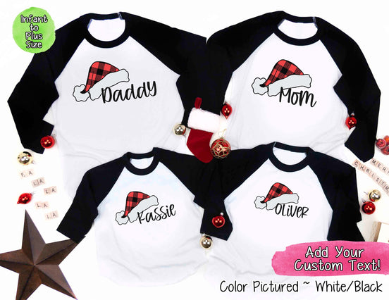 Personalized Family Matching Group Buffalo Plaid Santa Hat Raglan Tee