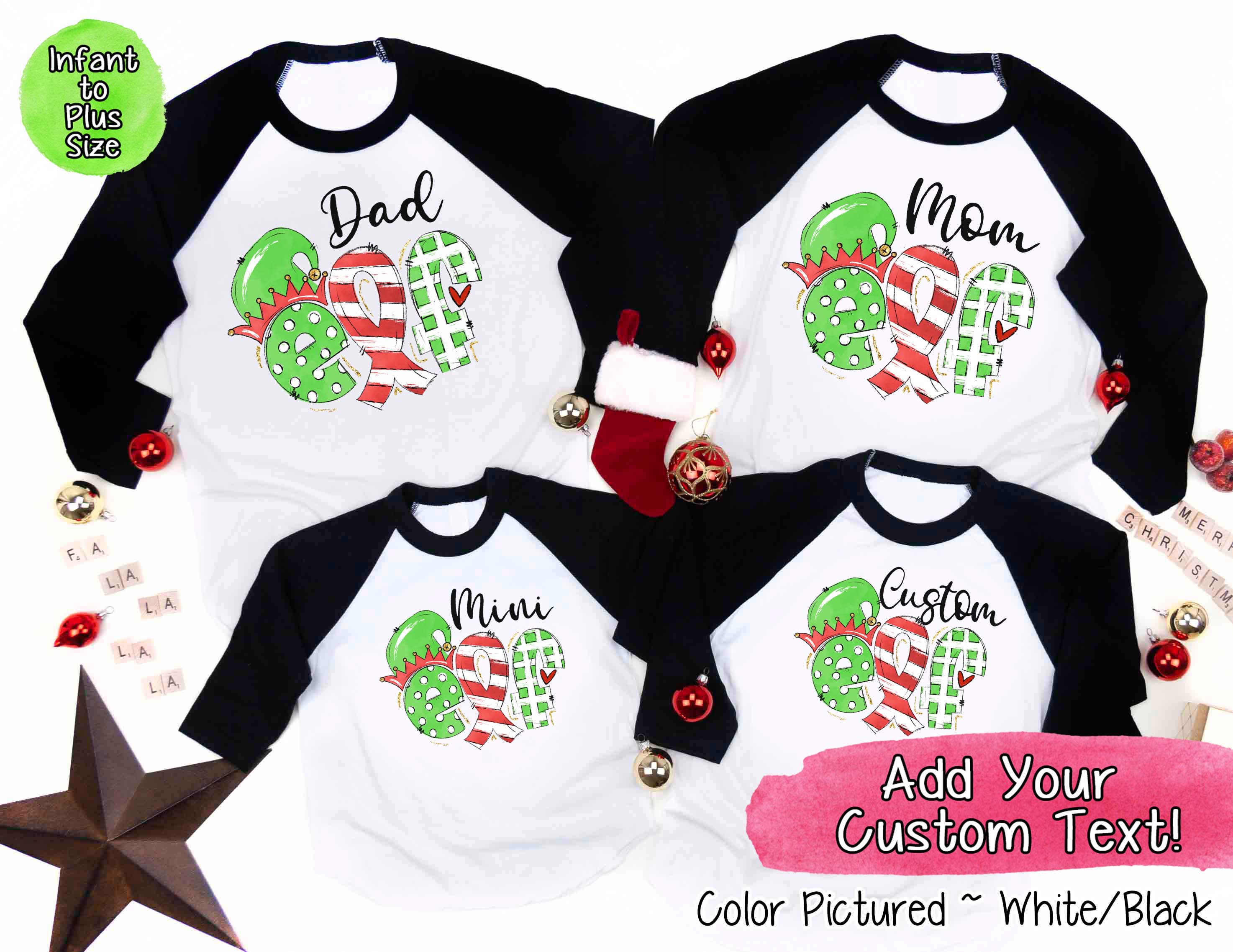 Personalized Family Matching Group Fancy Elf Christmas Raglan Tee