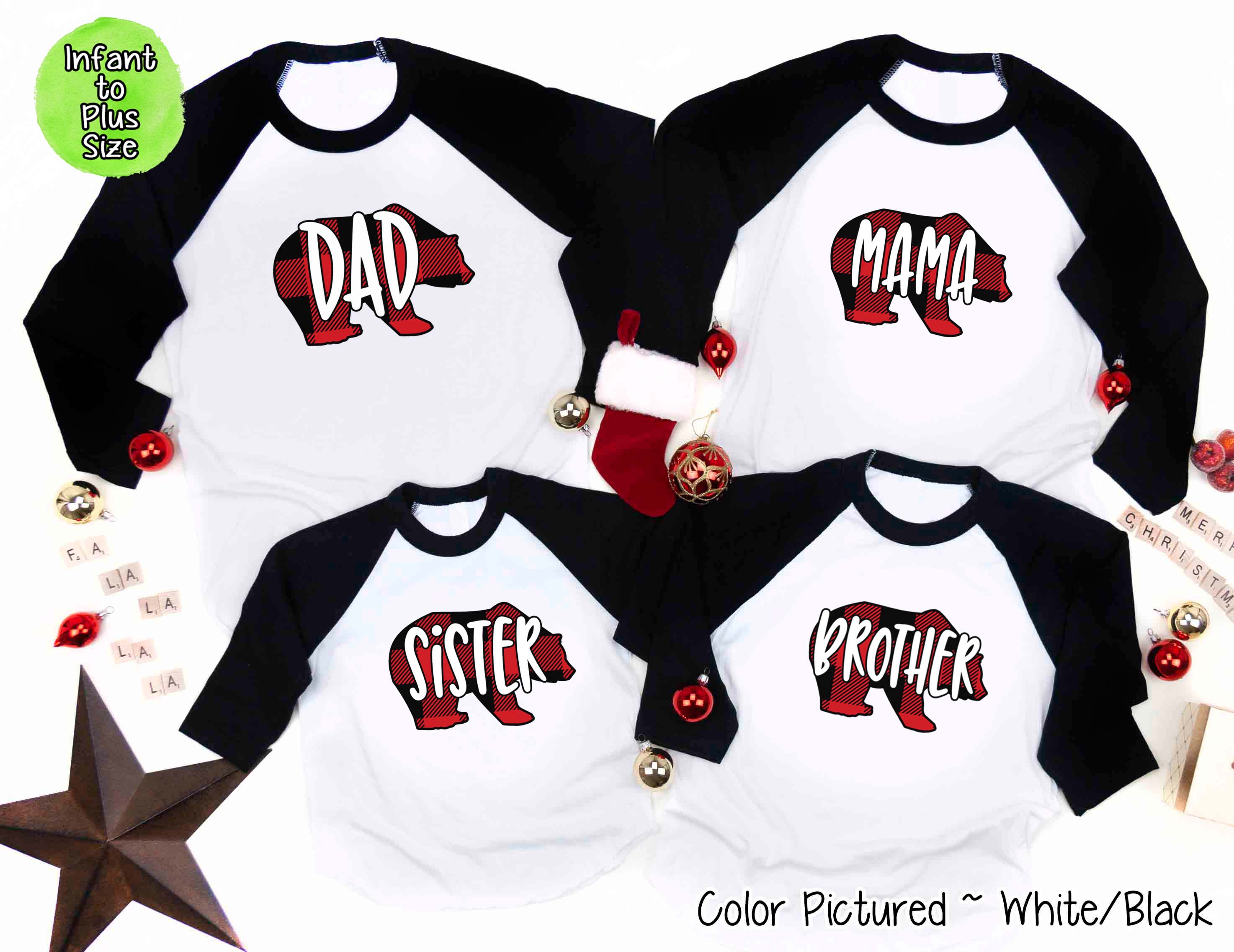 Personalized Family Matching Group Buffalo Plaid Bear Christmas Raglan Tee