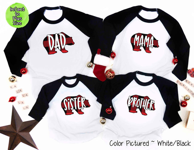 Personalized Family Matching Group Buffalo Plaid Bear Christmas Raglan Tee