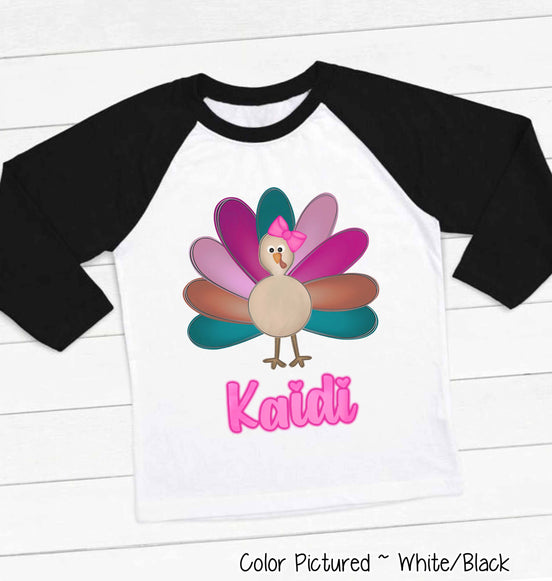 Personalized Girl Turkey Thanksgiving Raglan Tee