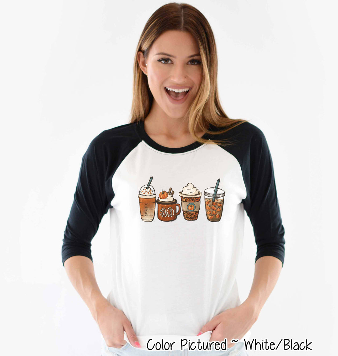 Monogram Pumkin Spice Latte Coffee Fall Raglan Tee