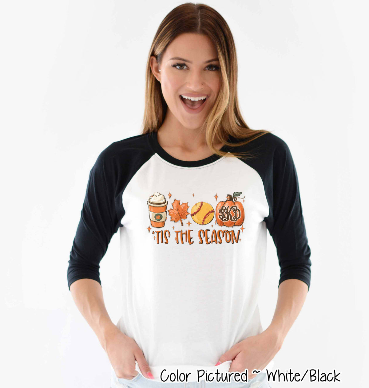 Monogram Tis The Season Latte Softball Pumpkin Fall Raglan Tee
