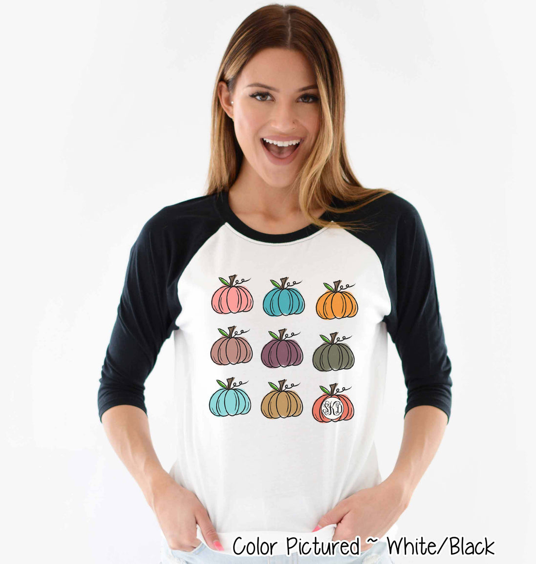 Monogram Watercolor Pumpkins Fall Raglan Tee