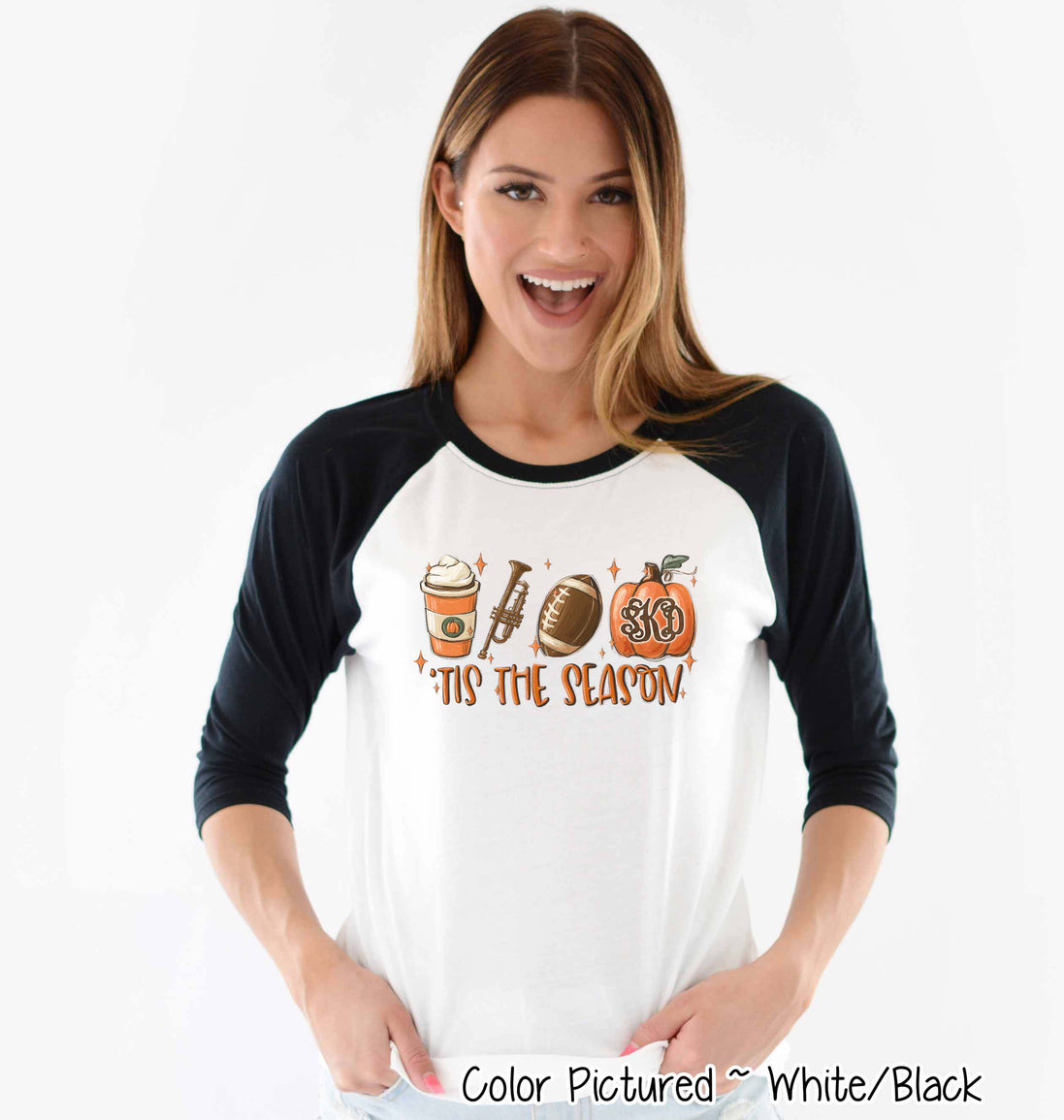 Monogram Tis The Season Latte Trumpet Football Fall Raglan Tee