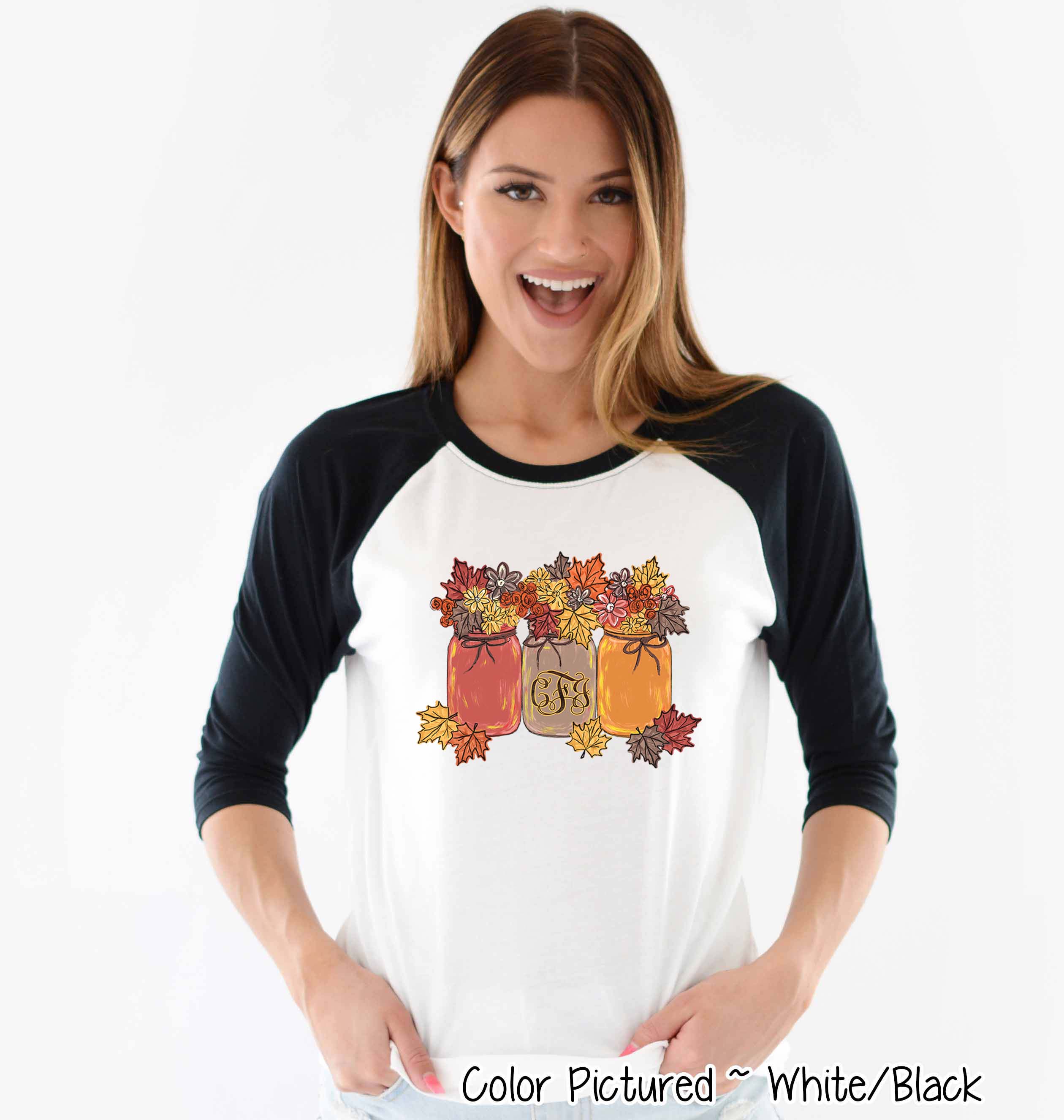 Monogram Autumn Leaves Mason Jars Fall Raglan Tee